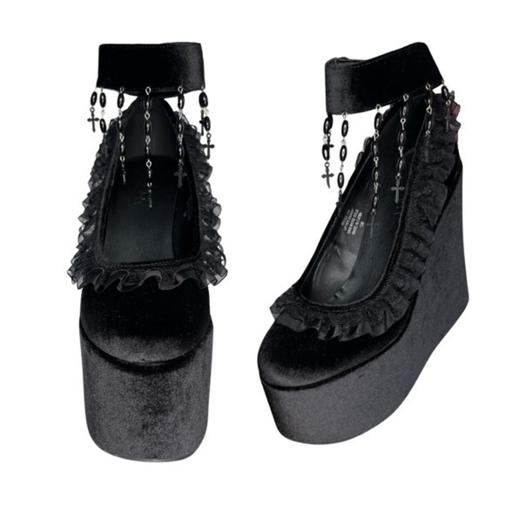 Black Velvet Platform Wedge Heels with Ankle Strap and Bead Fringe